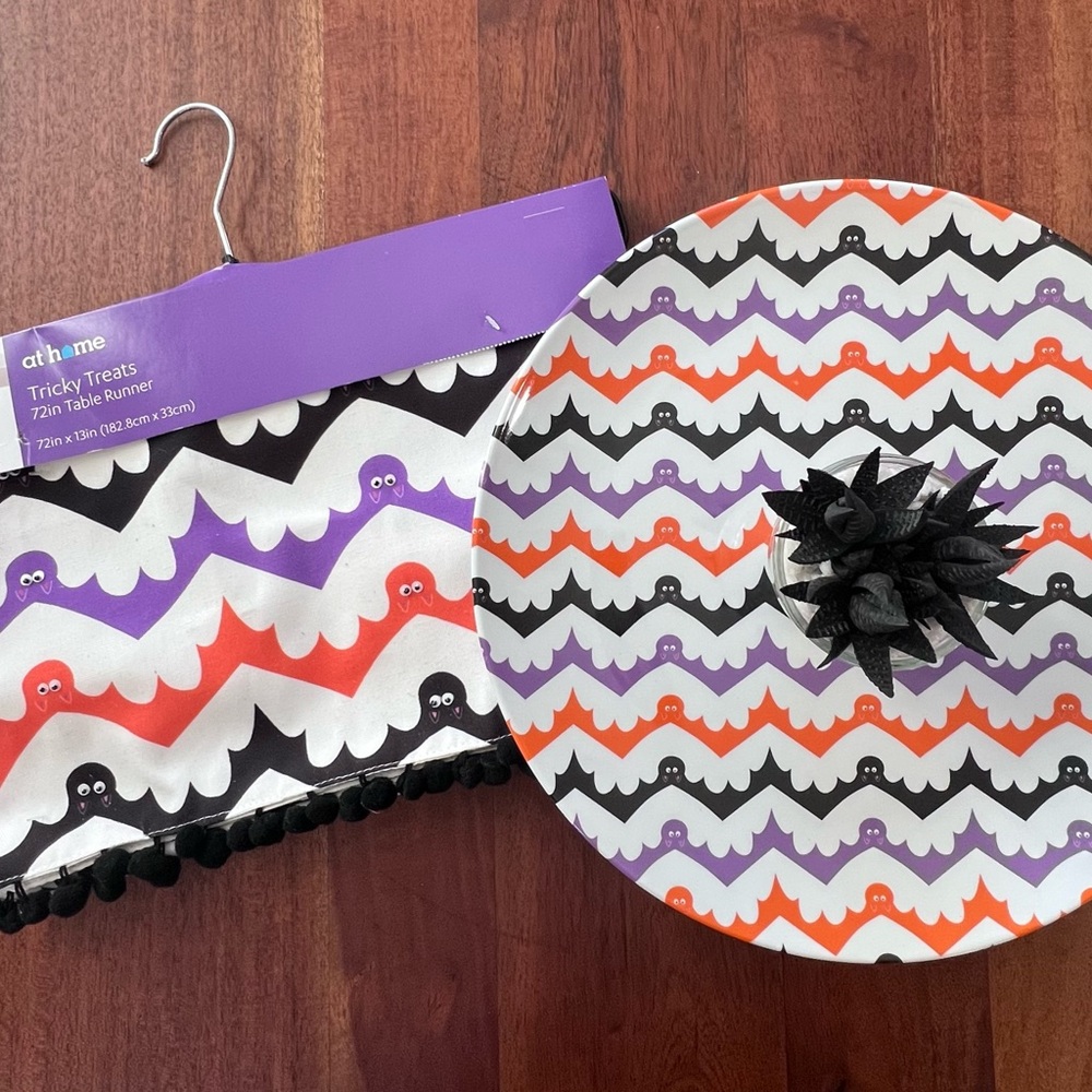 At Home Halloween Table Runner, Cake Plate & Faux Succulent Bundle